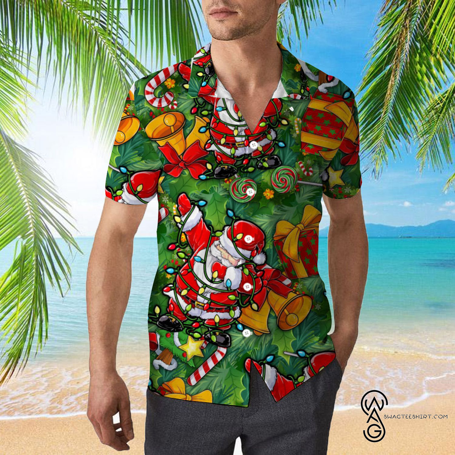 [Top Trending] Funny Santa Claus Christmas Lights Dabbing Dance Christmas Pattern Hawaiian Aloha Shirt